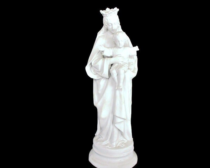 Large French Antique 1900 Bisque Statue Virgin Mary Our Lady Infant Jesus Exquis