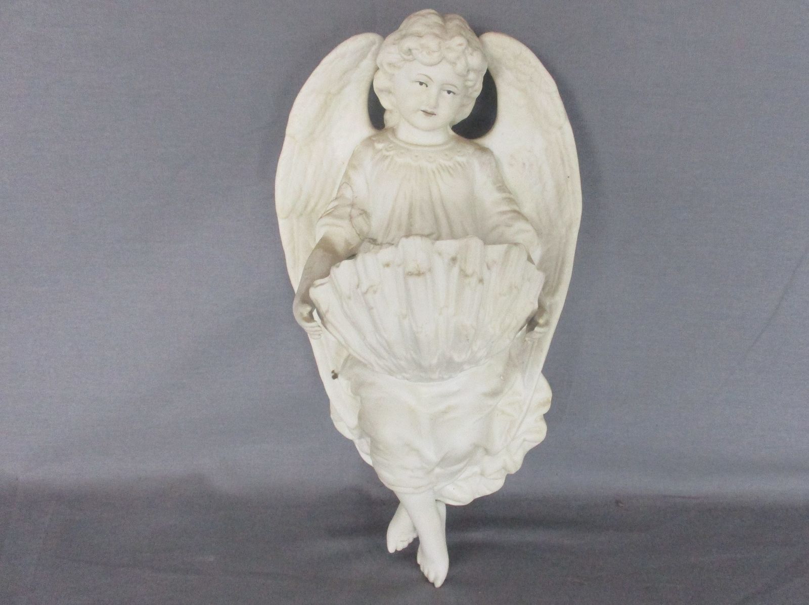 Antique  Holy Water Font Vessel Bisque Angel White Lovely Collector Htf Large