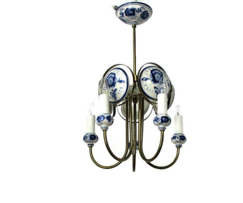 Delft Blue White Porcelain  Brass Chandelier Dutch 5 Arm Lights Htf Medallions