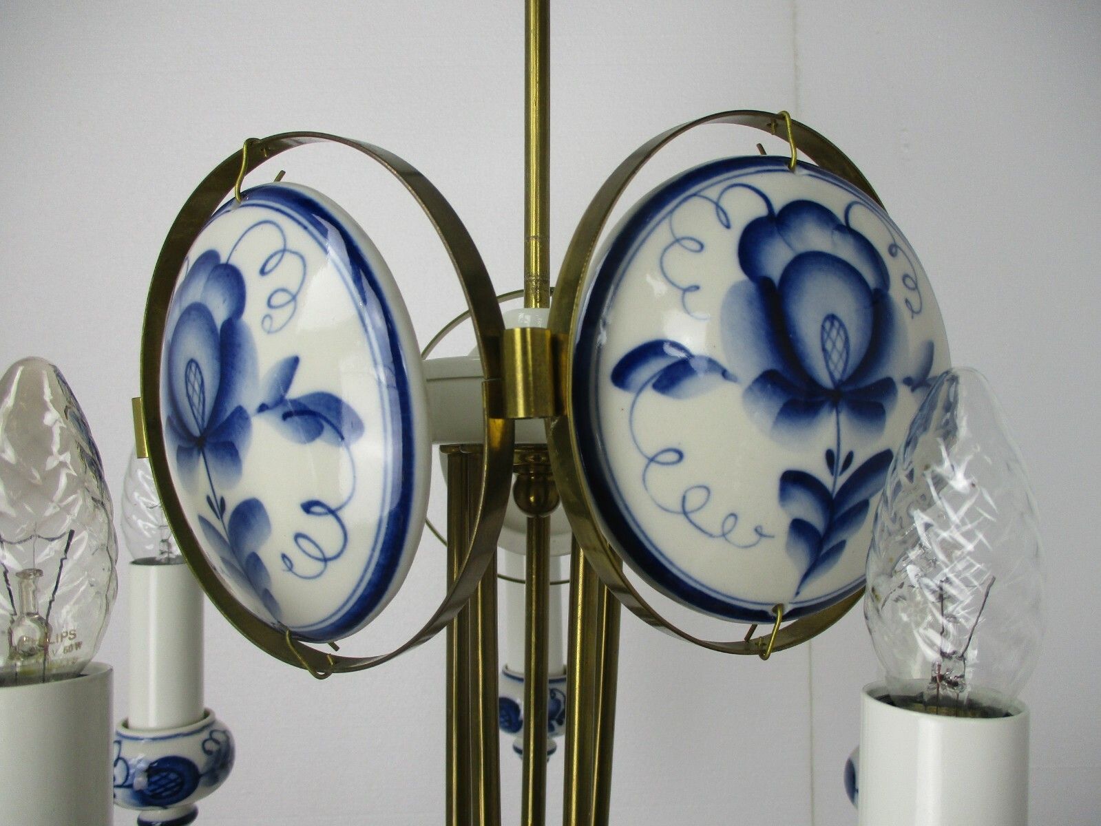 Delft Blue White Porcelain  Brass Chandelier Dutch 5 Arm Lights Htf Medallions photo vintage