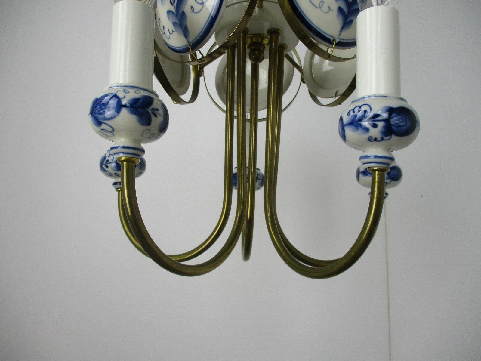 Lighting Delft Blue White Porcelain  Brass Chandelier Dutch 5 Arm Lights Htf Medallions photo