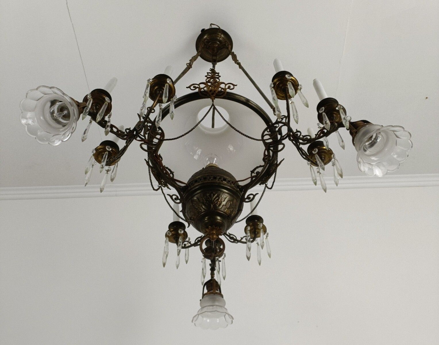 Lampe Belge Antique Chandelier Opaline Glass Shade Ornate Brass 4 Lights 9 Candl photo Lighting