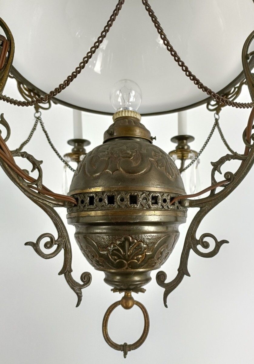 Lampe Belge Antique Chandelier Opaline Glass Shade Ornate Brass 4 Lights 9 Candl photo vinterior