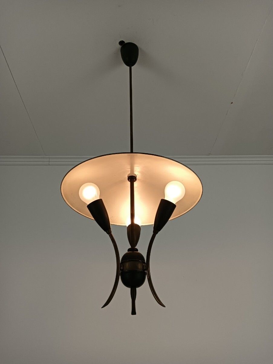 Stilnovo Rare Retro Vintage Chandelier Fixture Metal Modernist 3 Lights Arm Funk photo Lighting