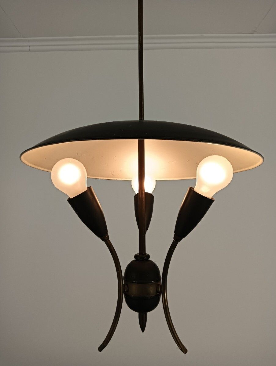 Stilnovo Rare Retro Vintage Chandelier Fixture Metal Modernist 3 Lights Arm Funk photo 566.0