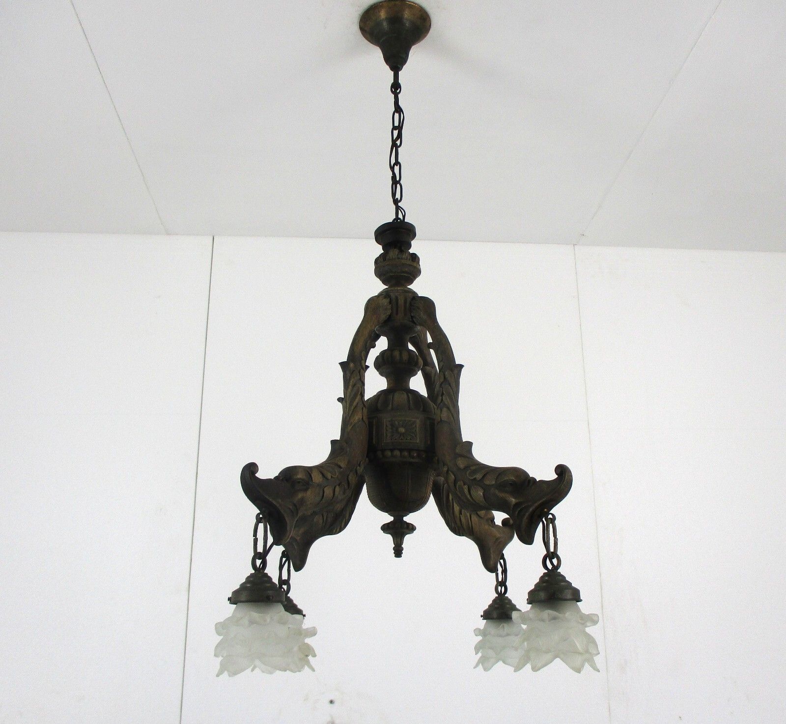 Hand Carved Wooden Chandelier  4 Arm Lights Barn Country Farmhouse Style Fish photo 501.0