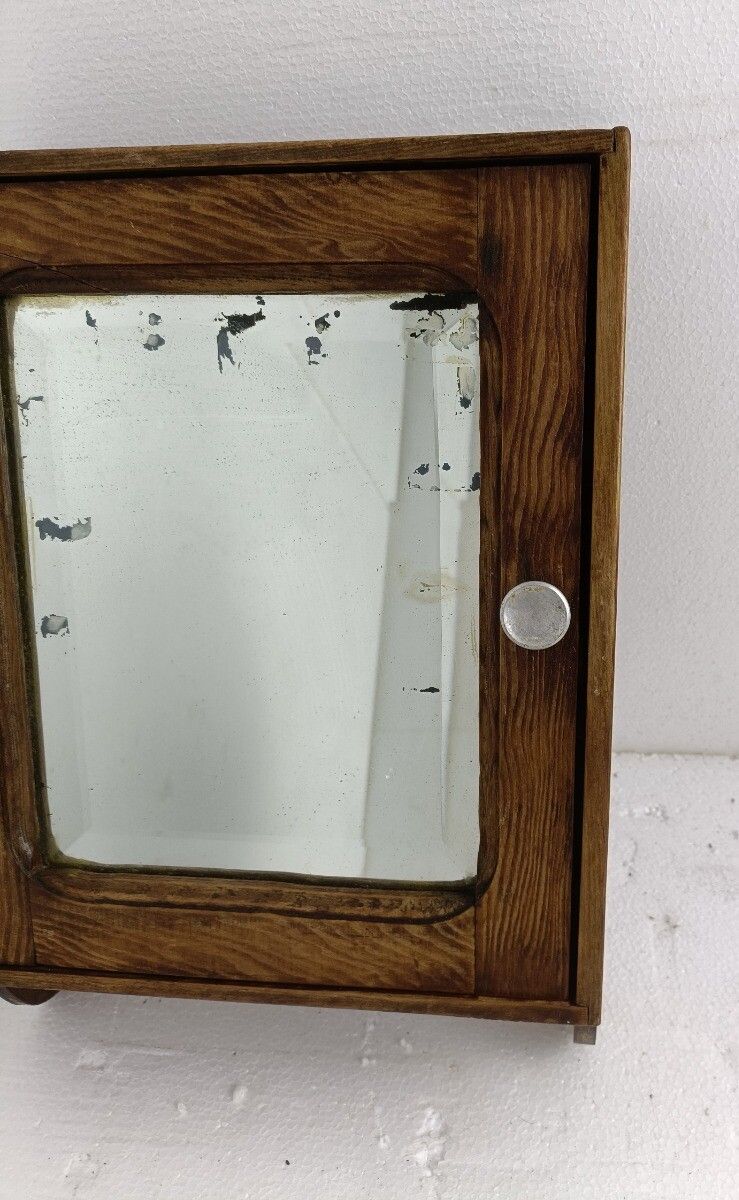 Small Antique Medicine Apothecary Cabinet Beveled Glass Wood Hanging Kitchen Bat photo for sale