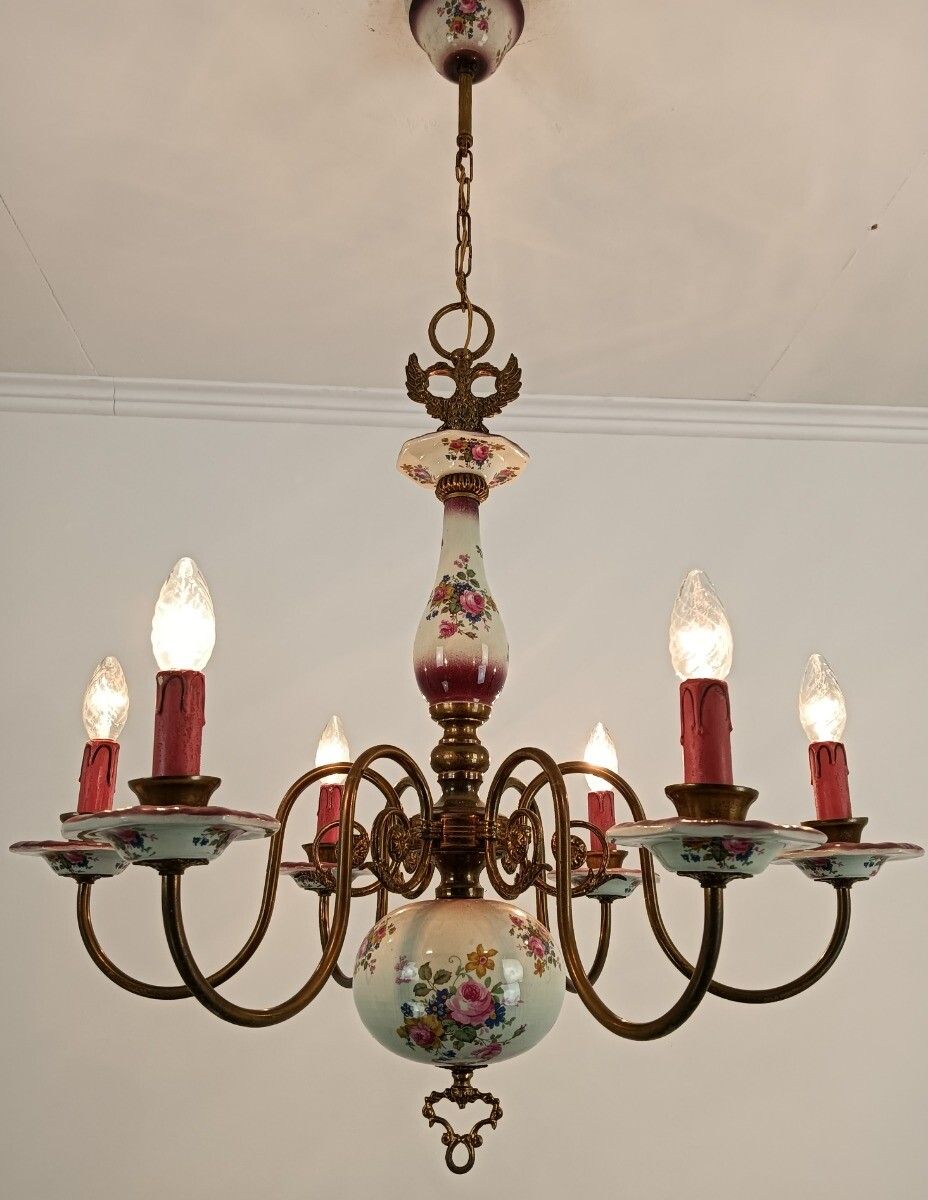 Italian Vintage Romantic Chandelier Porcelain Brass Flower Pattern 6 Lights Barn photo 445.0