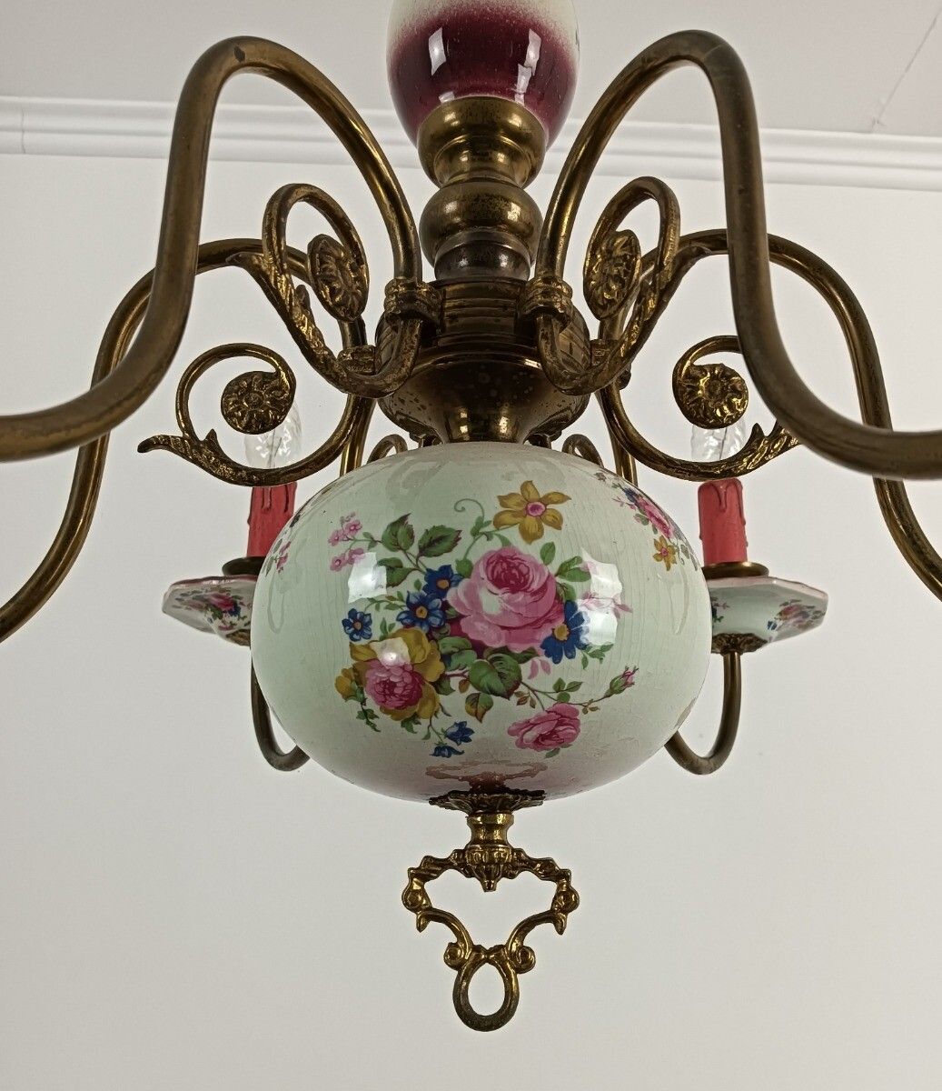 Italian Vintage Romantic Chandelier Porcelain Brass Flower Pattern 6 Lights Barn photo vinterior