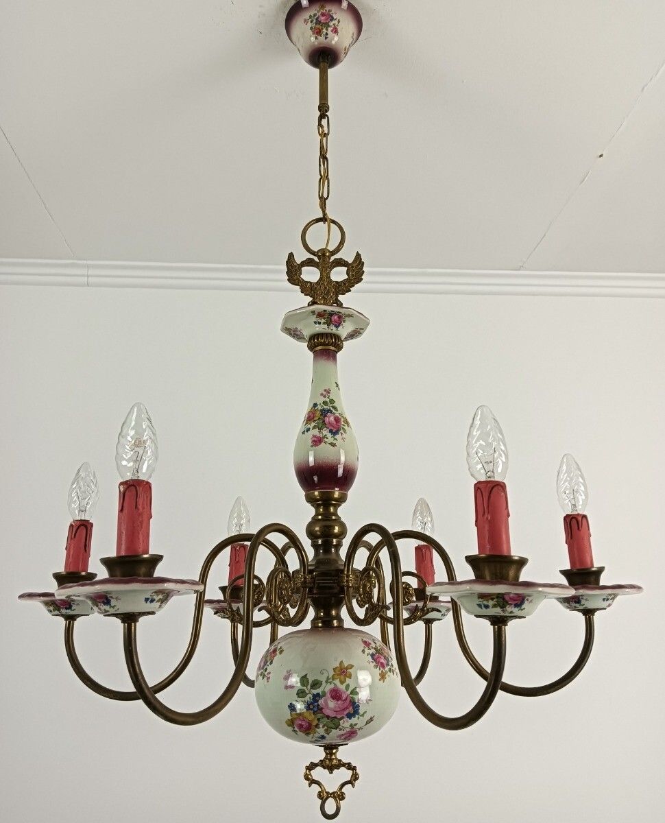 Italian Vintage Romantic Chandelier Porcelain Brass Flower Pattern 6 Lights Barn photo vintage