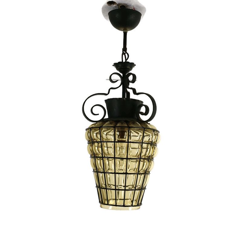Chandelier Pendant Lamp Lantern Amber Bubbled Glass Wrought Iron Vintage