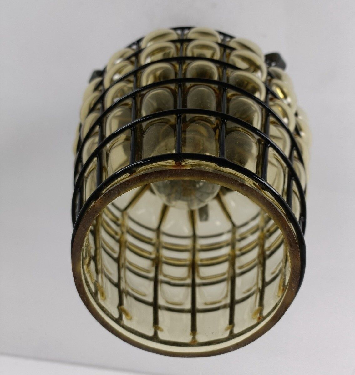 photo for sale Chandelier Pendant Lamp Lantern Amber Bubbled Glass Wrought Iron Vintage