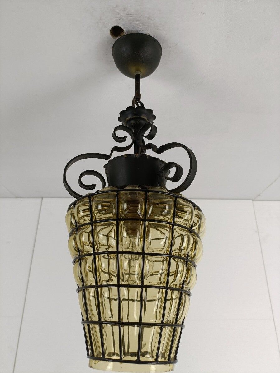 Lighting Chandelier Pendant Lamp Lantern Amber Bubbled Glass Wrought Iron Vintage photo