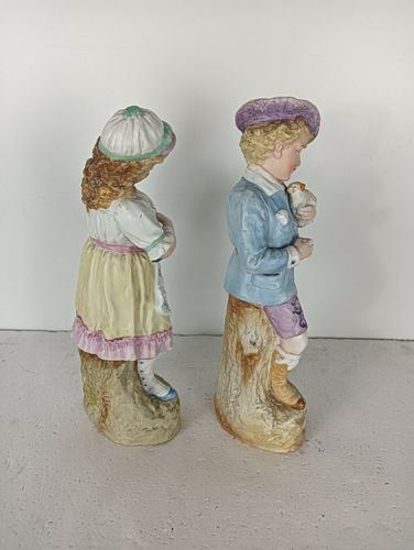 Two Statue Figurines  Porcelain  Porcelain Antique Germany Boy Puppies Girl Kitt photo furniture