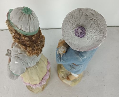 Two Statue Figurines  Porcelain  Porcelain Antique Germany Boy Puppies Girl Kitt photo vinterior