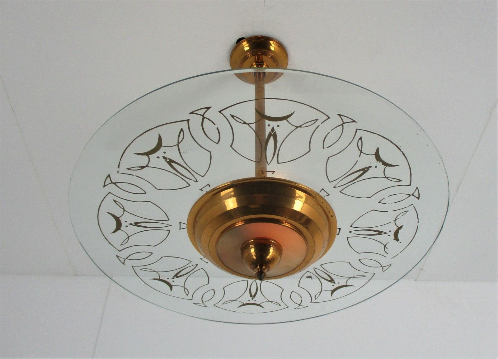French Art Deco Lounge Chandelier Pendant Art Glass Red Copper Fixture Antique