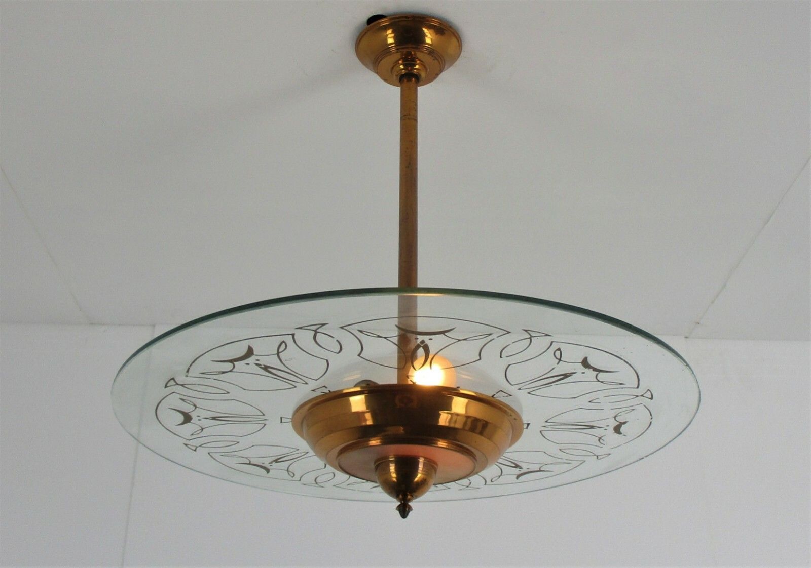 French Art Deco Lounge Chandelier Pendant Art Glass Red Copper Fixture Antique photo Lighting