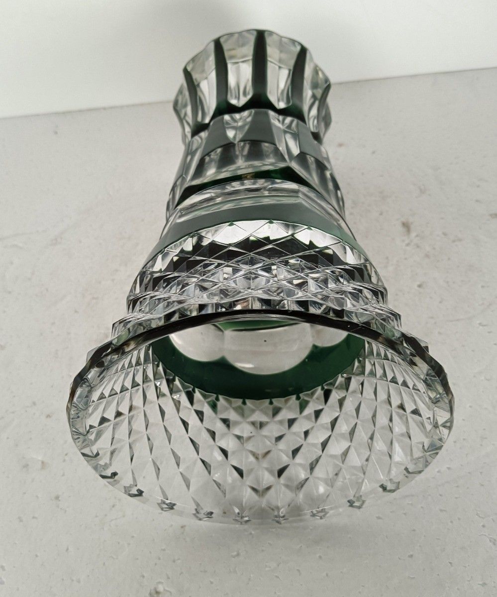 Green Clear To  Cut Vase Vintage Crystal Vase Val St Lambert Belgium Marked photo vinterior
