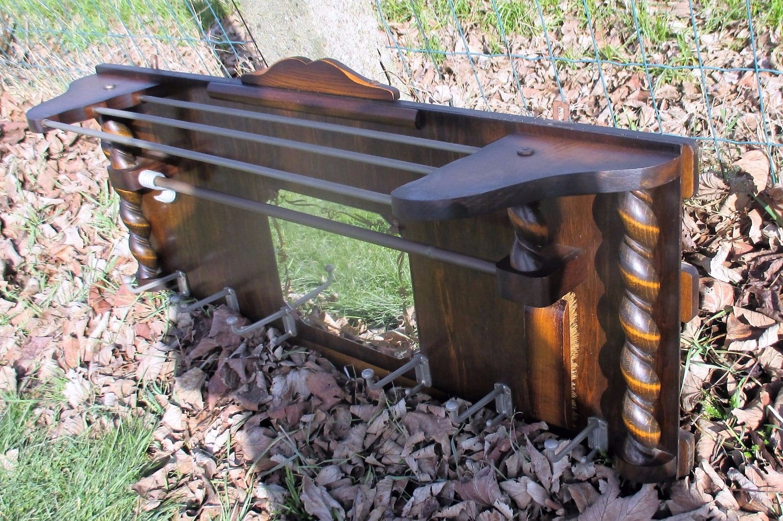 Gorgeous Antique Hand Carved Wood Coat Hat Rack Barley Twist Brushes photo furniture