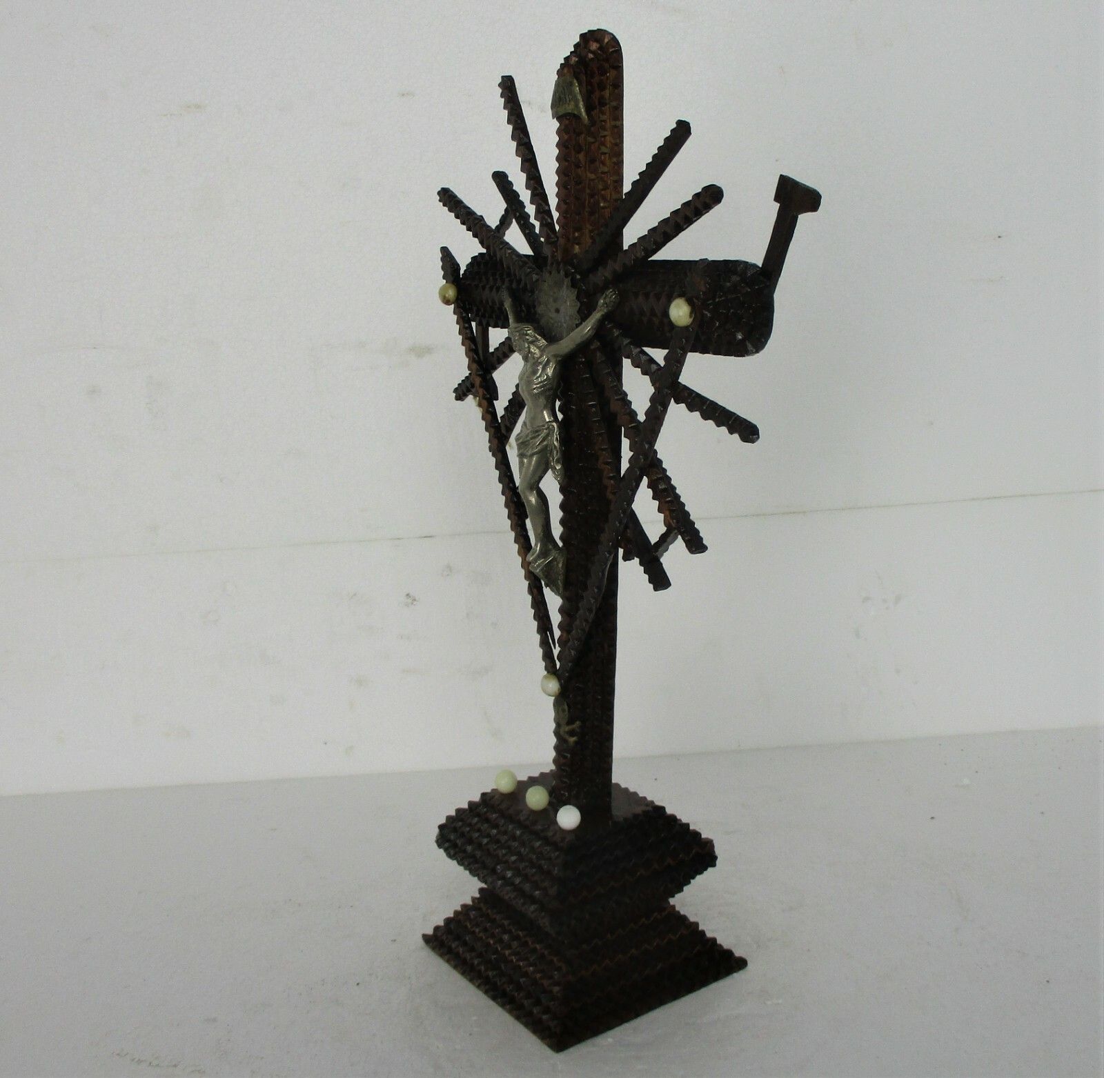 Tramp Trench Tramp Folk Art Standing Hand Carved Wood Crucifix Tools Of Passion photo vinterior