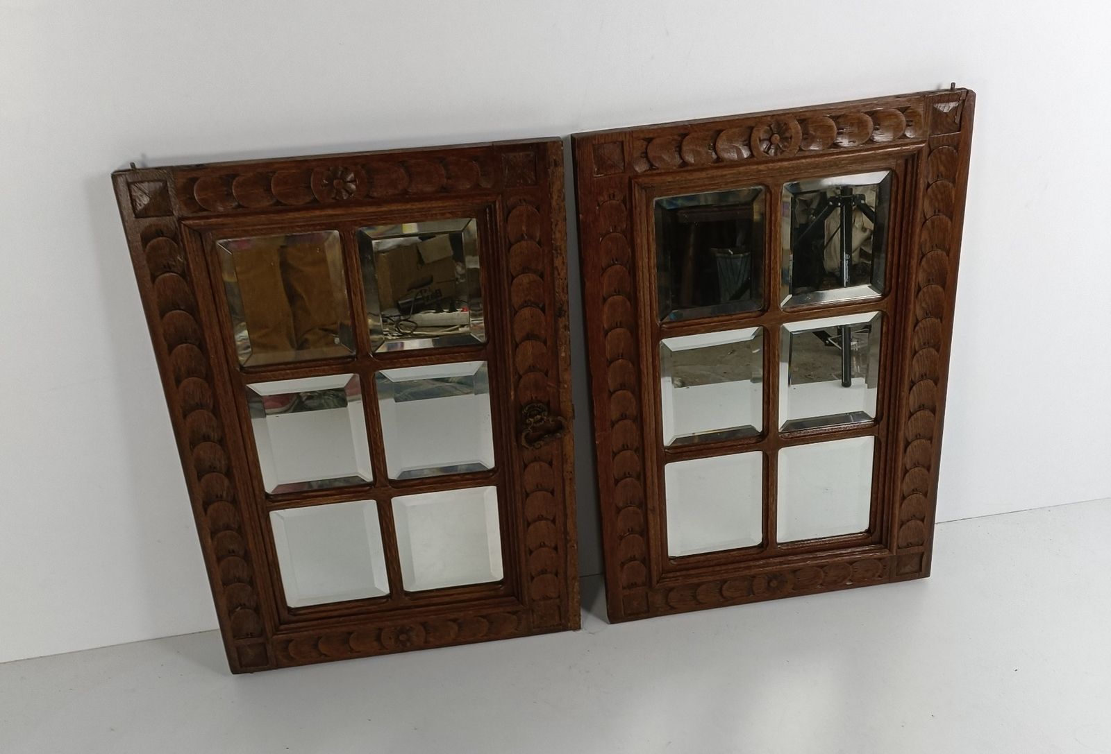 Pair Antique Wooden Beveled Glass Carved  Door Panels Salvaged Reclaimed Archite photo for sale