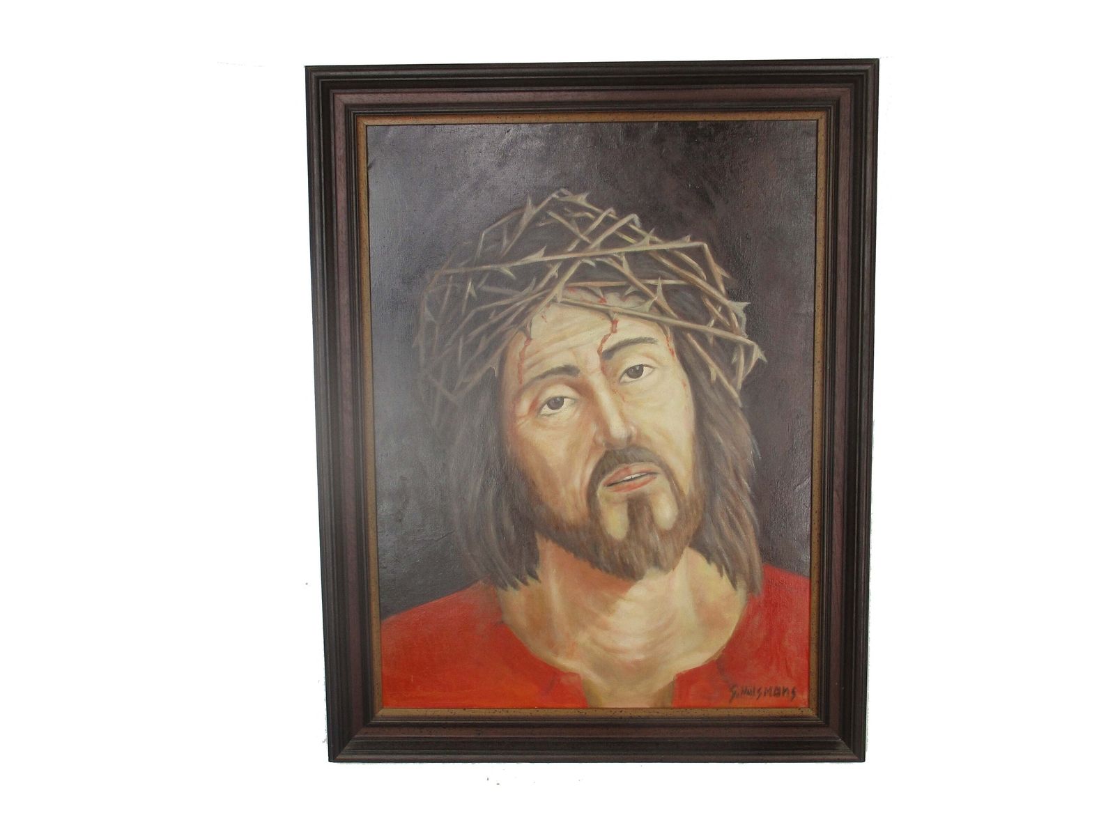 Lovely Painting Oil On Canvas Framed Jesus Christ Savior Head Of Thorns Signed G