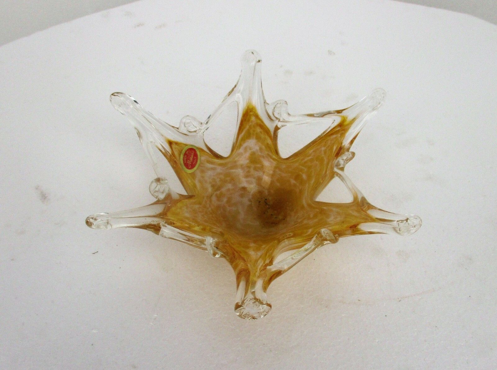 Small Italian Art Glass Amber Yellow Star Bowl Dish Centerpiece Murano Basket photo 89.0