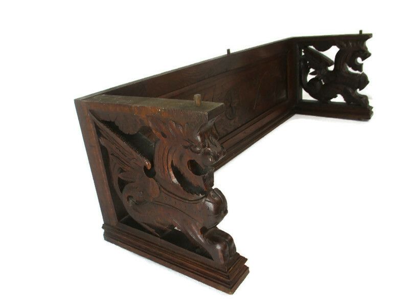 Lion Heads Hand Carved Wood Pediment Ornate Over Door Architectural Reclaimed