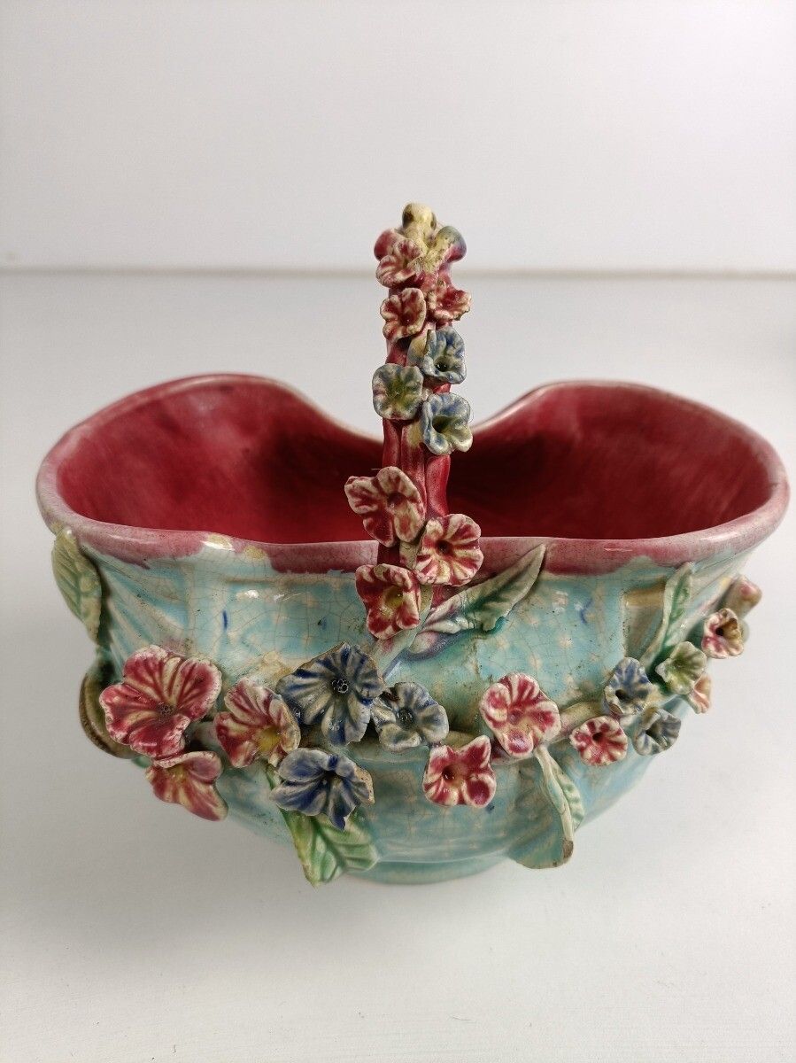 Planter Cache Pot French Pottery Faience Majolica Flowers Art Deco Gorgeous Bask photo 182.0