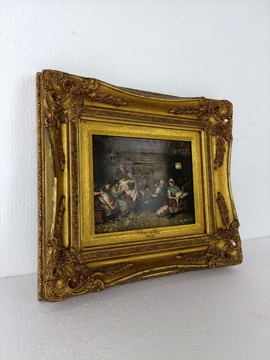 Oil Painting On Wood  Gorgeous Wood And Plaster Frame Signed De Belie V. Peasant photo for sale