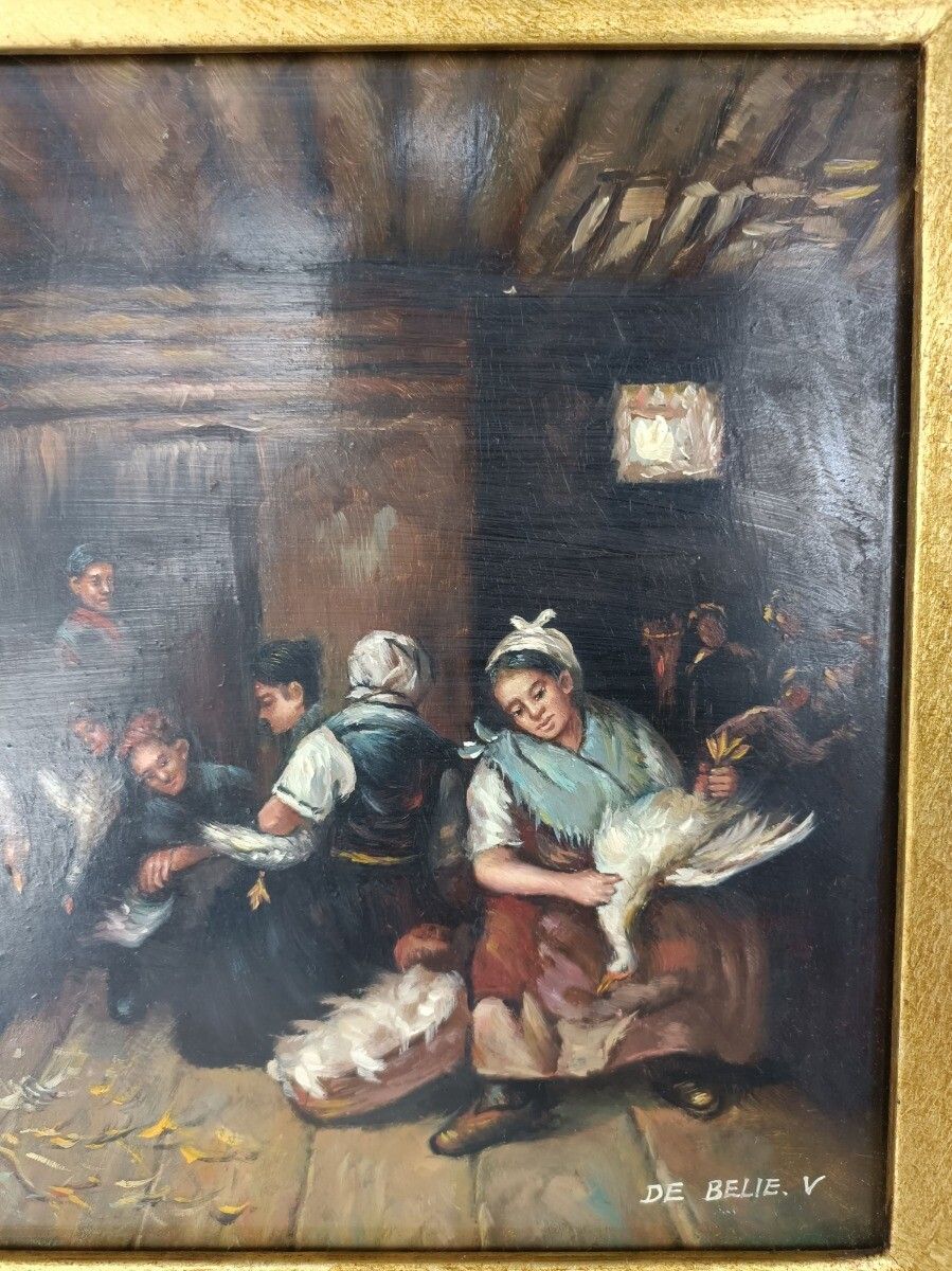 Oil Painting On Wood  Gorgeous Wood And Plaster Frame Signed De Belie V. Peasant photo 404.0