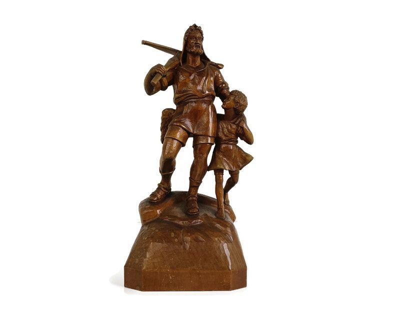 Antique Wooden Statue Of Wilhelm Tell With His Son Brienz, 1890s Sculpture Signe