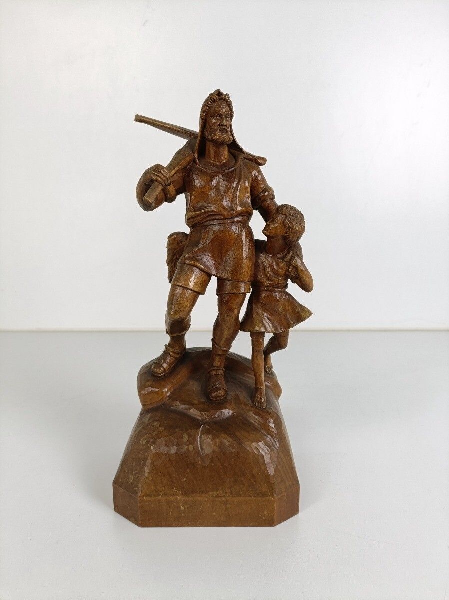 Antique Wooden Statue Of Wilhelm Tell With His Son Brienz, 1890s Sculpture Signe photo furniture