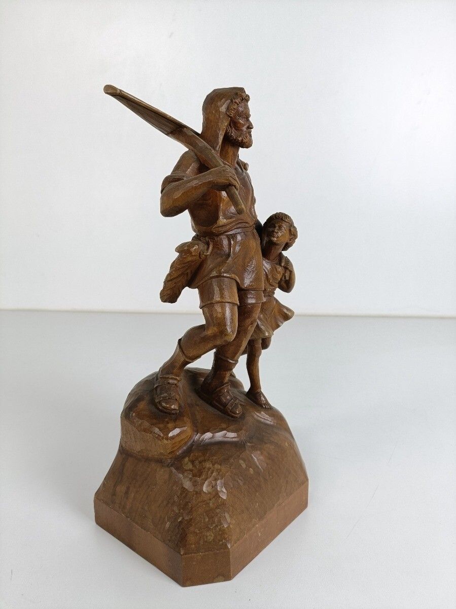 Antique Wooden Statue Of Wilhelm Tell With His Son Brienz, 1890s Sculpture Signe photo buy