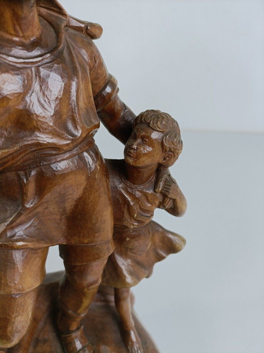 Antique Wooden Statue Of Wilhelm Tell With His Son Brienz, 1890s Sculpture Signe photo vintage