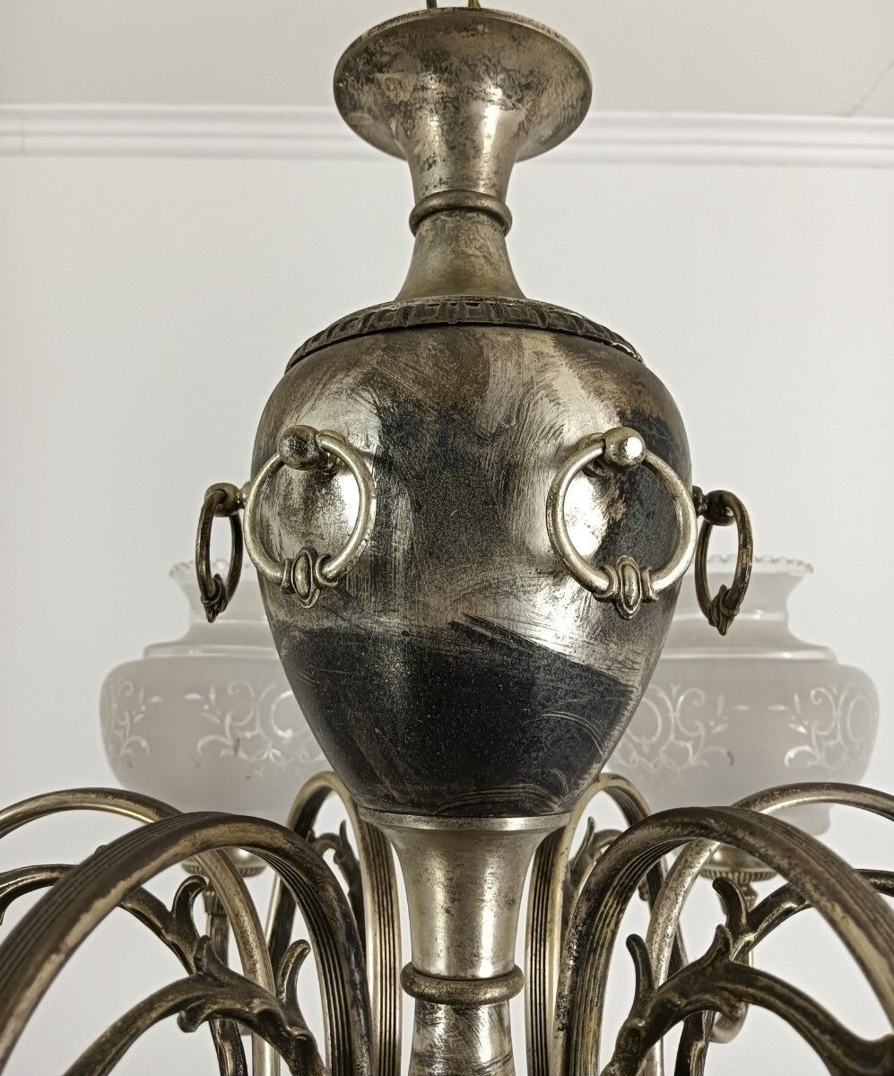 Silver Plated Chandelier Brass Glass Hand Painted Shades 6 Lights Vintage Victor photo 647.0