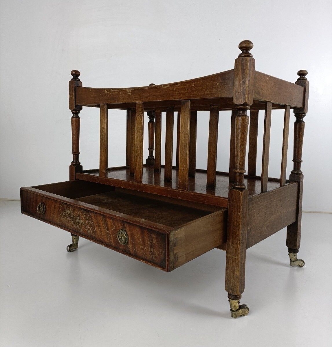 Carved Wooden Magazine Rack Newspaper Basket On Wheels English Regency Vintage D photo 263.0