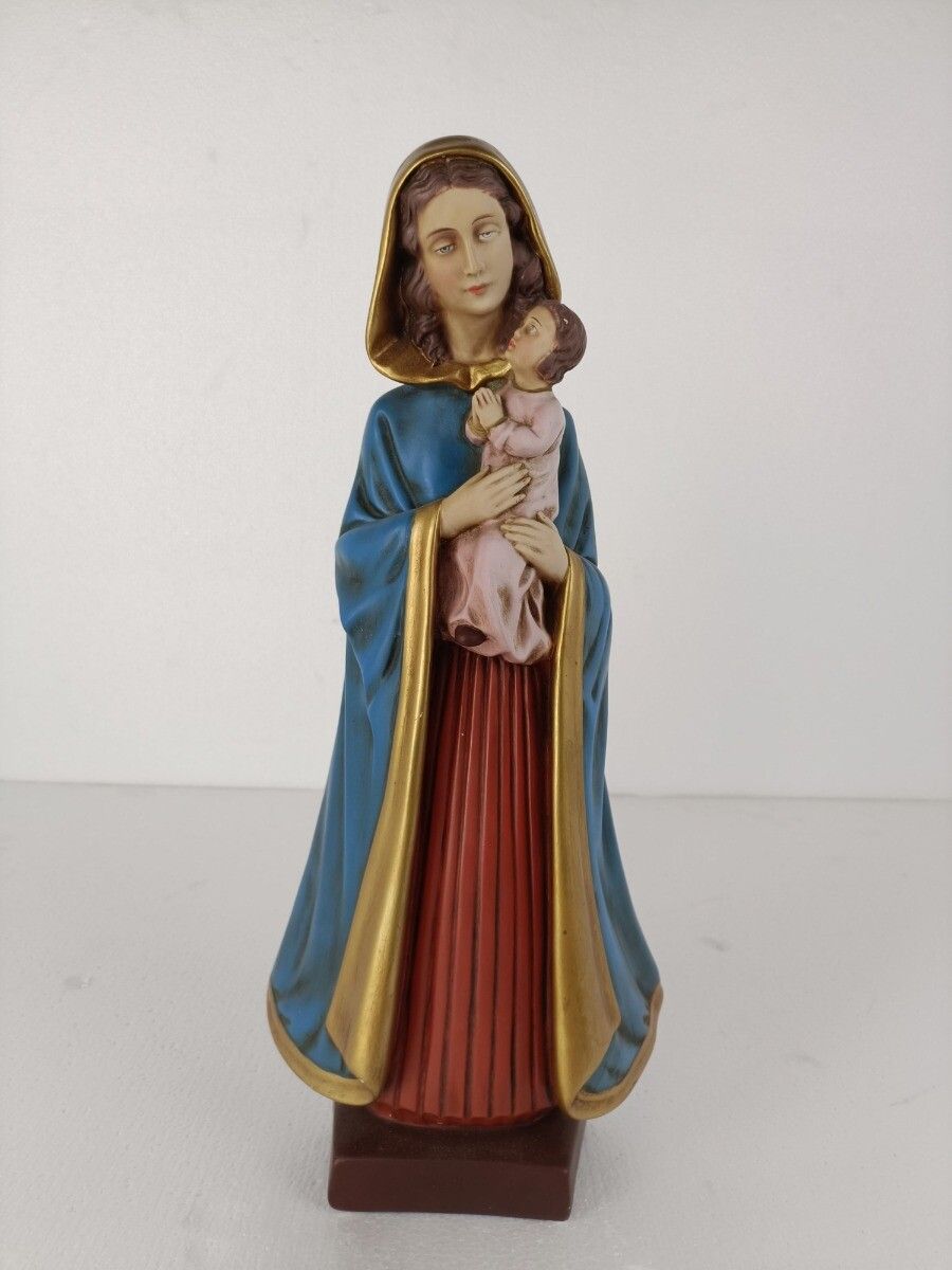Virgin Mary Madonna Infant Child Plaster Statue Signed Fuortinati Guelfi Polychr photo for sale