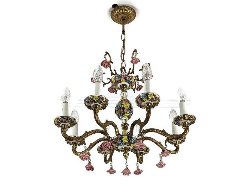 Xl Chandelier Porcelain Flowers Polychrome Brass Italy 8 Lights Arm Gorgeous Vin
