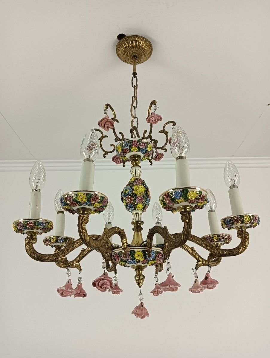 Xl Chandelier Porcelain Flowers Polychrome Brass Italy 8 Lights Arm Gorgeous Vin photo buy