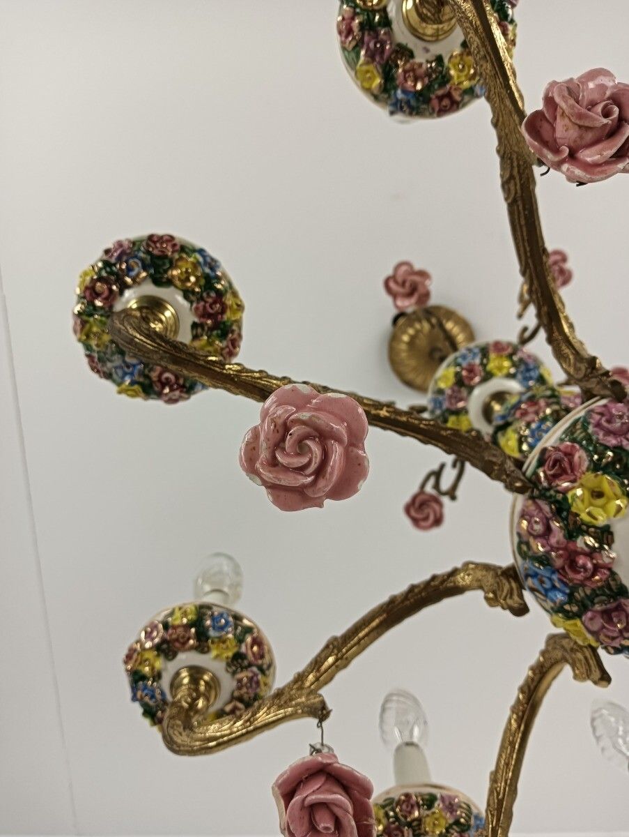 photo for sale Xl Chandelier Porcelain Flowers Polychrome Brass Italy 8 Lights Arm Gorgeous Vin