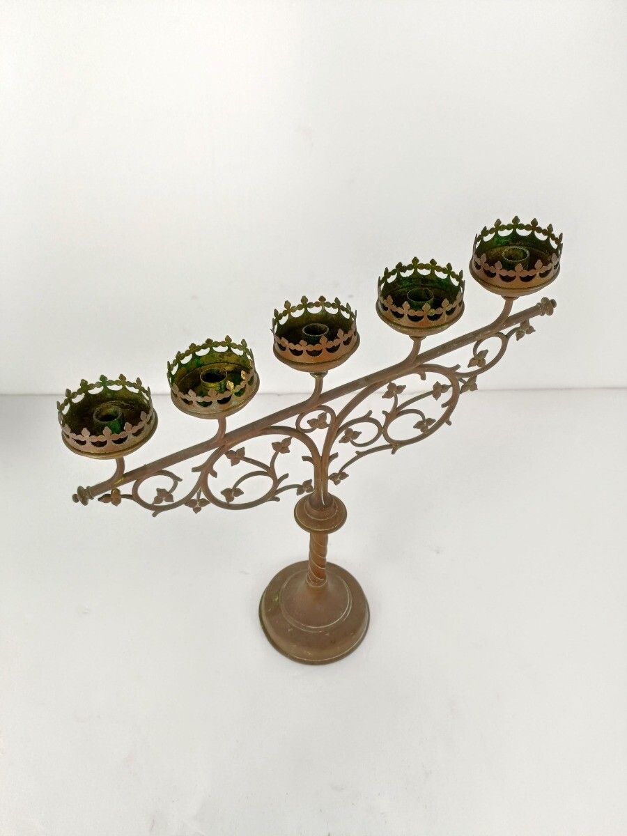 Candle Holder Brass Ornate Hollywood Regency Style Stylish Candelabra Leafs 5 Ar photo for sale