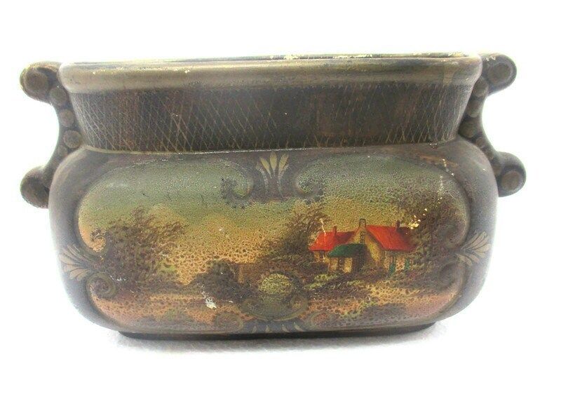 Planter Cache Pot French Pottery Faience Majolica Hand Painted Landscape Antique