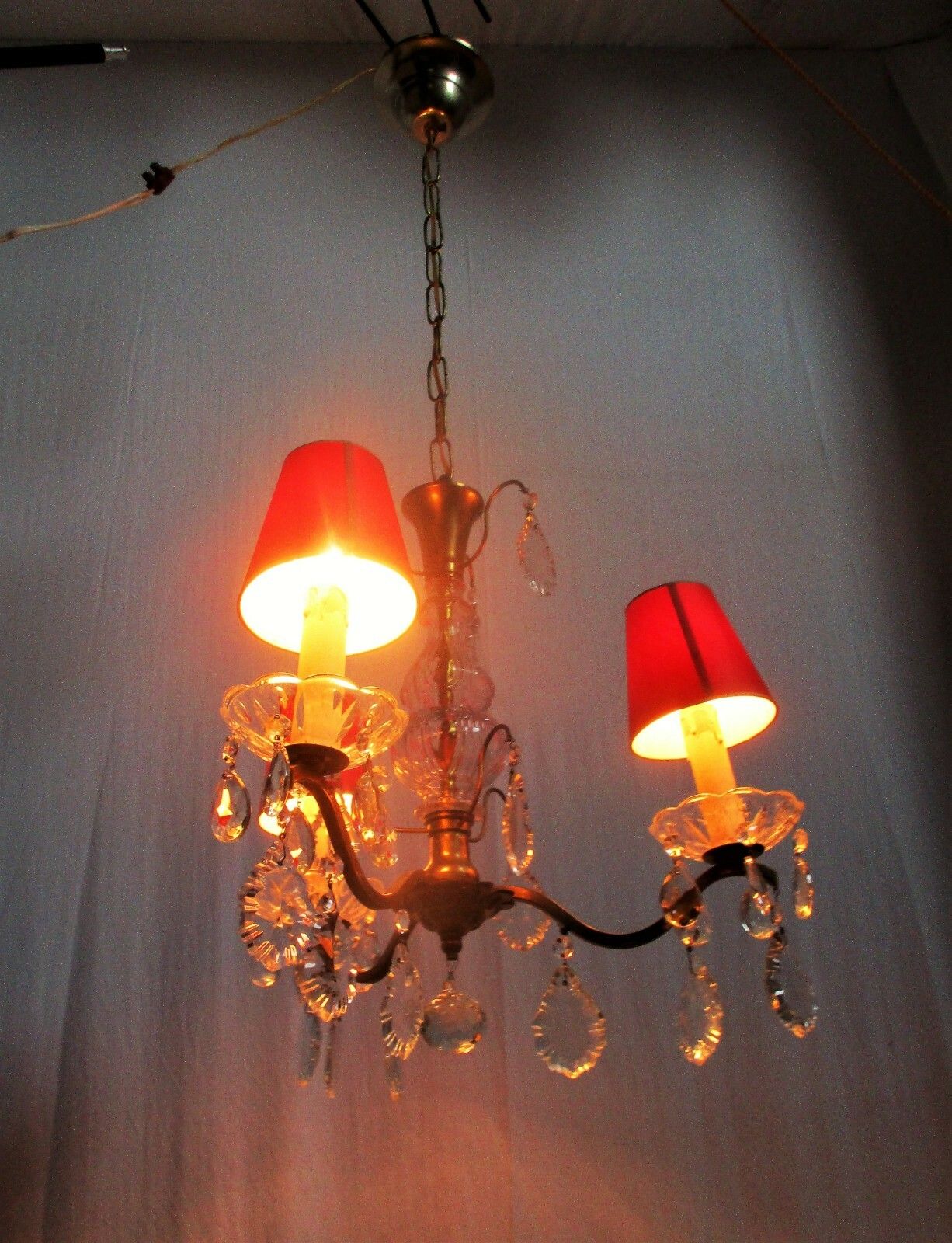 Brass Ornate Chandelier 3 Arms Lights Prisms Hollywood Regency Empire Red Shades photo furniture