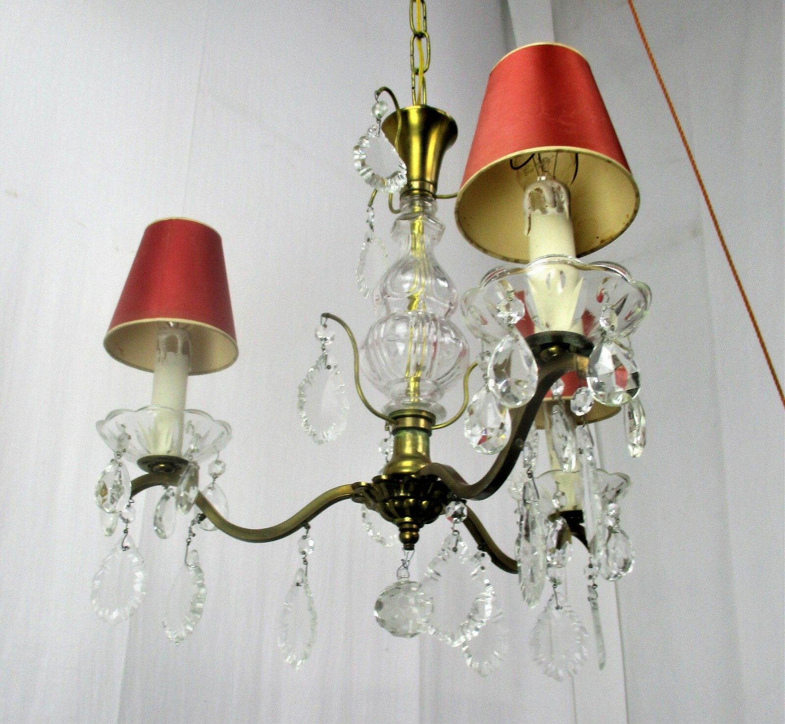Brass Ornate Chandelier 3 Arms Lights Prisms Hollywood Regency Empire Red Shades photo 204.0