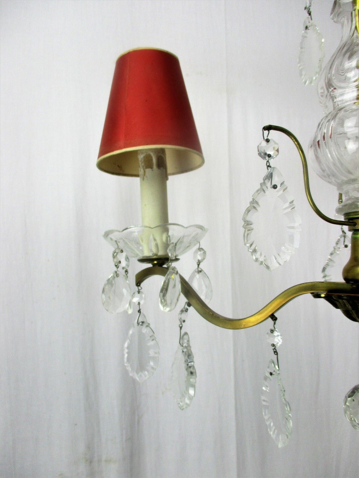photo for sale Brass Ornate Chandelier 3 Arms Lights Prisms Hollywood Regency Empire Red Shades