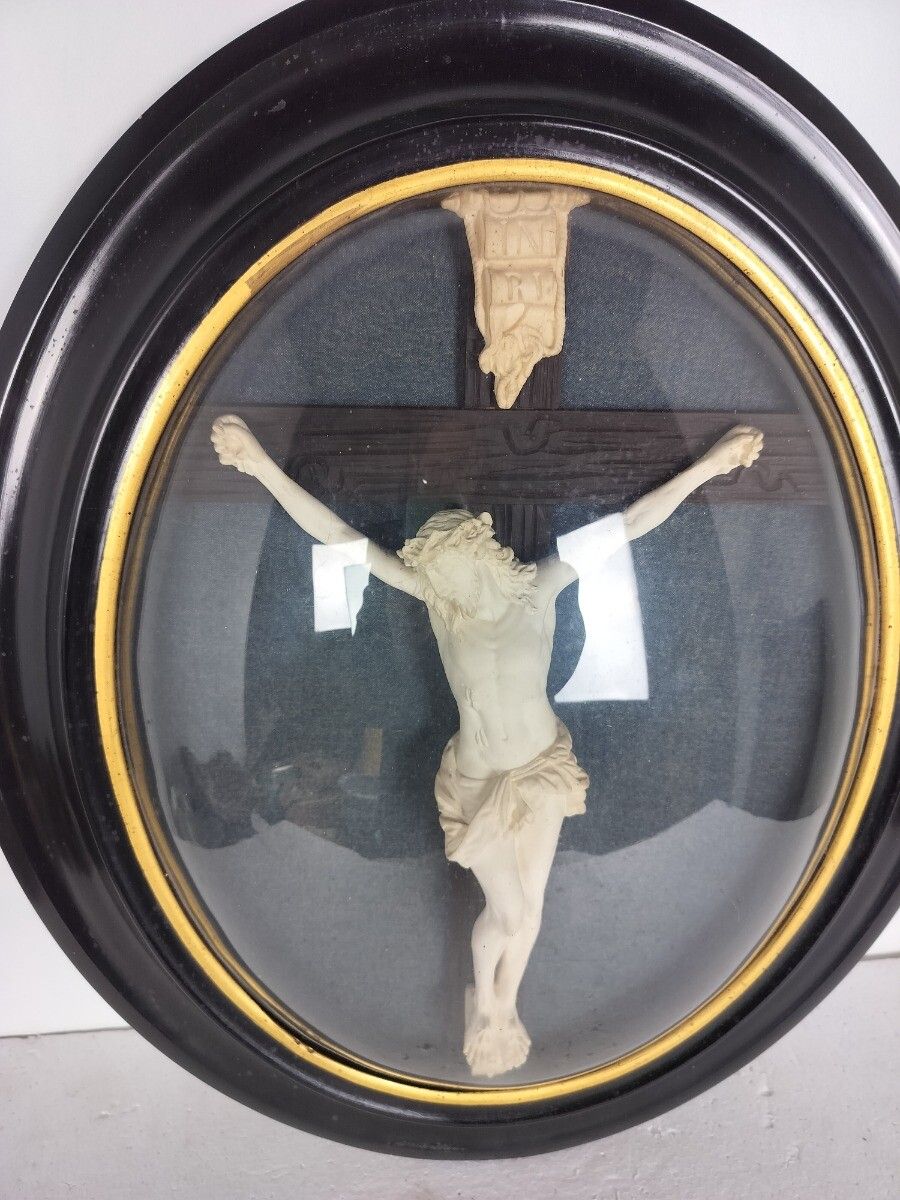 Large Oval Wall Hanging Framed Convex Glass Corpus Antique  Christianity Jesus C photo vinterior