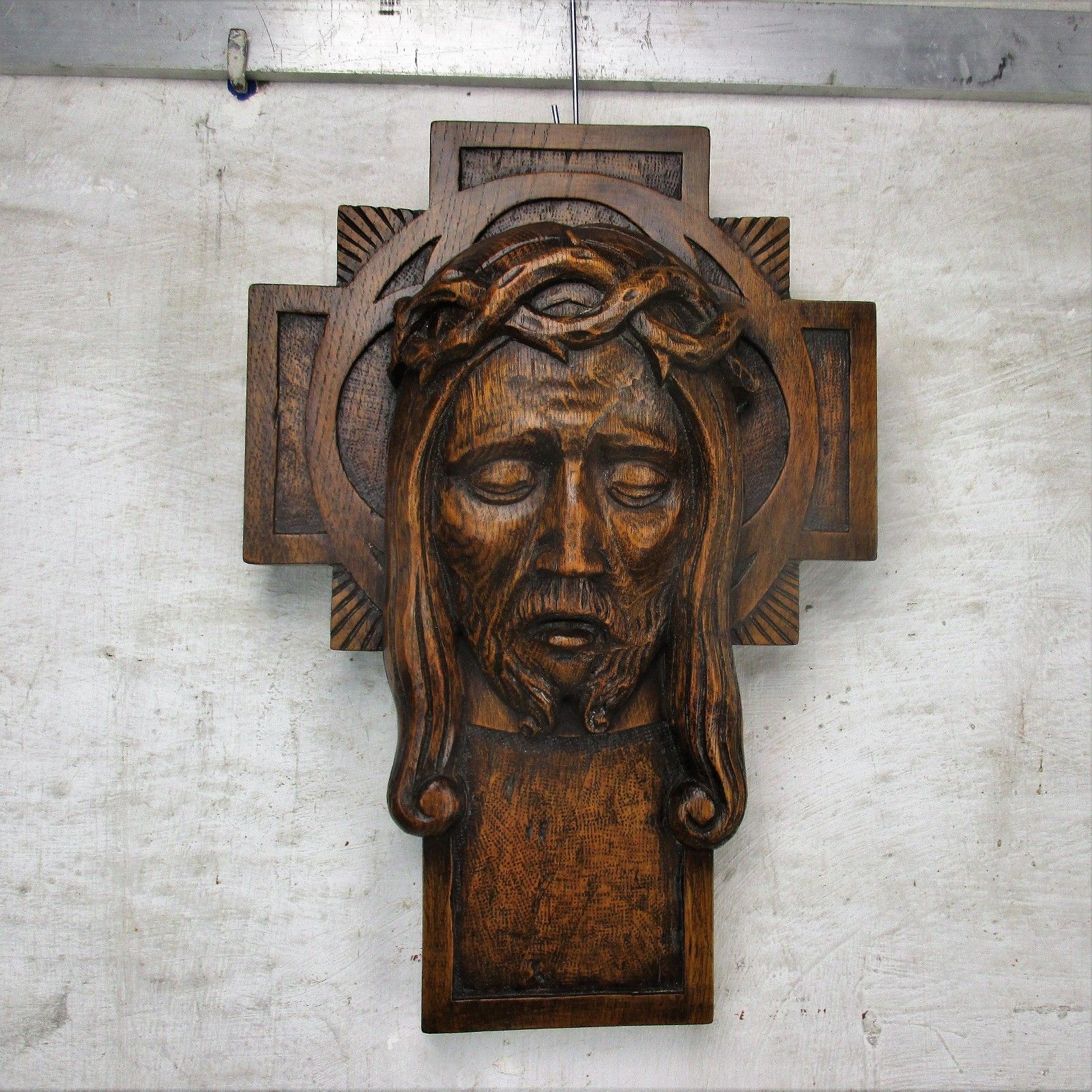 Gorgeous Hand Carved Wood Art Jesus Christ Head Of Thorns Sculpture Crucifix Oak