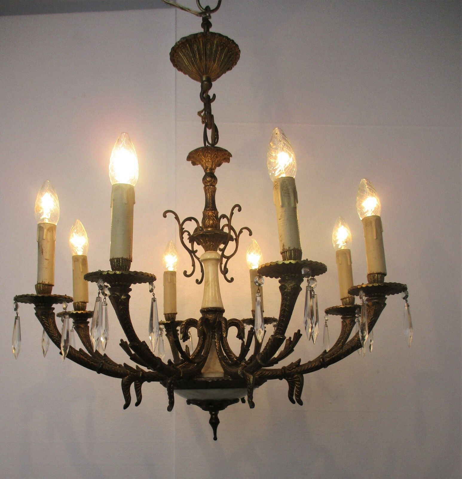 Impressive Chandelier Bronze Marble 8 Lights Arm Ornate Prisms Hollywood Regency photo for sale