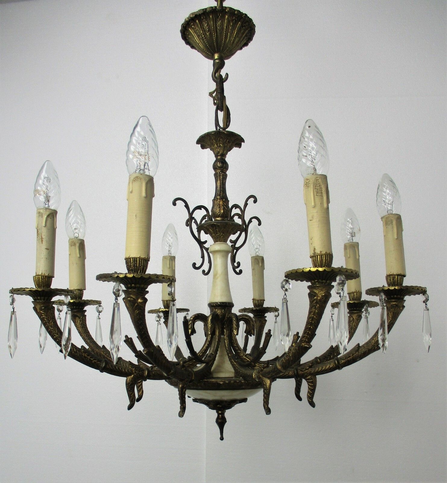 photo for sale Impressive Chandelier Bronze Marble 8 Lights Arm Ornate Prisms Hollywood Regency